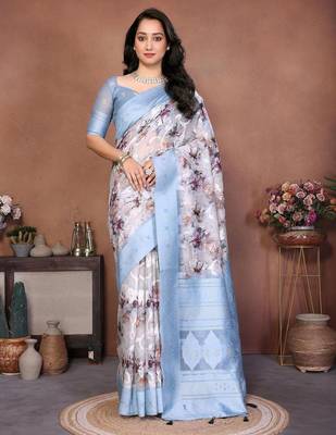 Multicolor silk blend printed saree with blouse 3