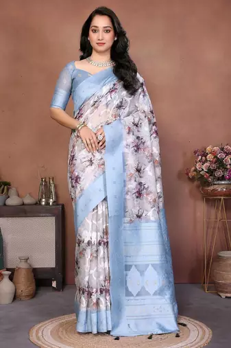 Multicolor silk blend printed saree with blouse