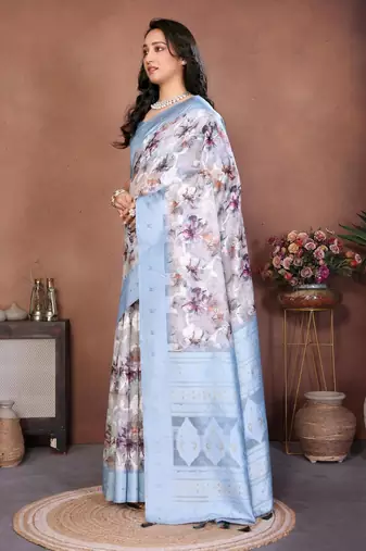 Multicolor silk blend printed saree with blouse