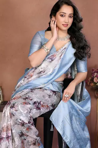 Multicolor silk blend printed saree with blouse
