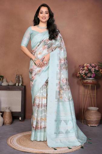 Turquoise silk blend printed saree with blouse