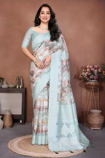 Turquoise silk blend printed saree with blouse