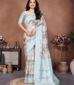 Turquoise silk blend printed saree with blouse