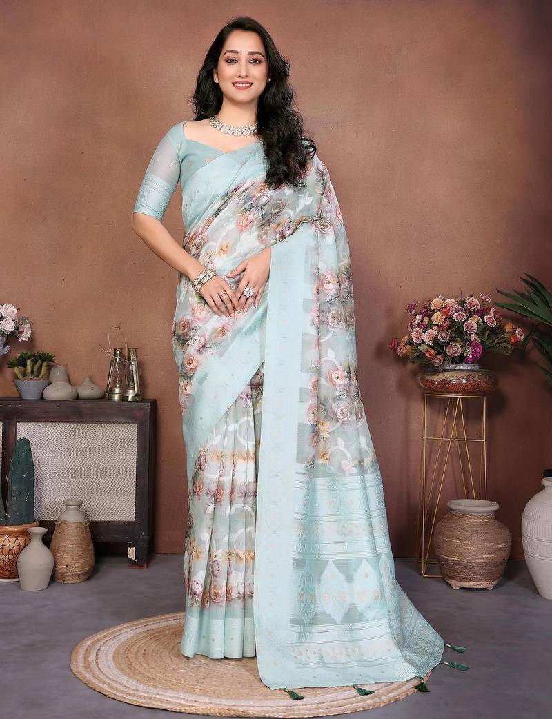 Turquoise silk blend printed saree with blouse