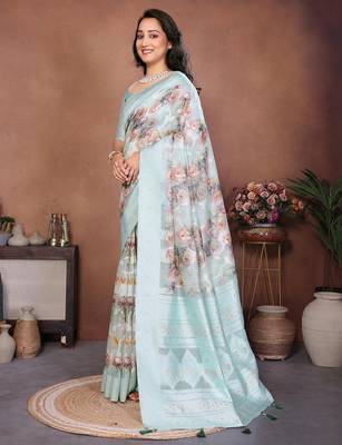 Turquoise silk blend printed saree with blouse 2