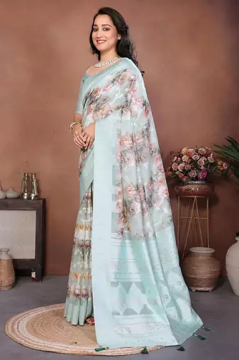 Turquoise silk blend printed saree with blouse
