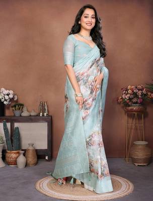 Turquoise silk blend printed saree with blouse 3