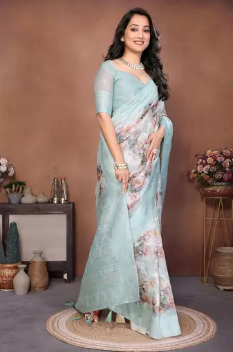 Turquoise silk blend printed saree with blouse