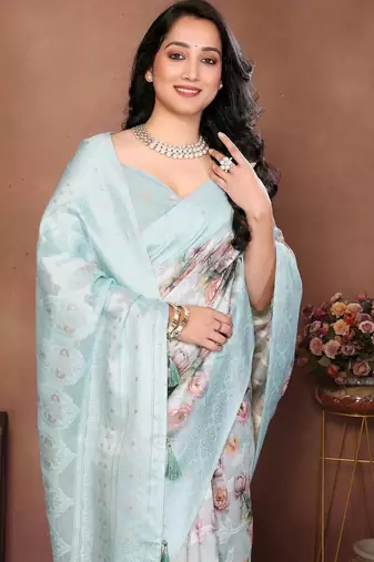Turquoise silk blend printed saree with blouse