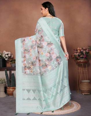 Turquoise silk blend printed saree with blouse 5