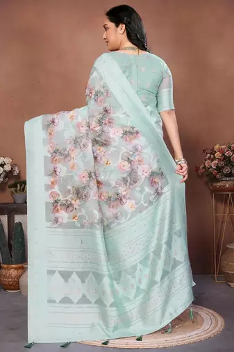 Turquoise silk blend printed saree with blouse