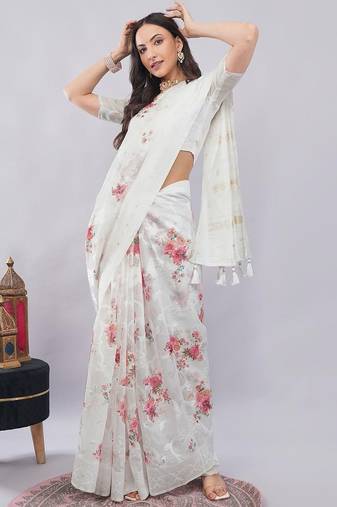 Off white silk blend printed saree with blouse