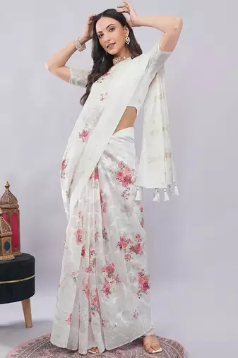 Off white silk blend printed saree with blouse