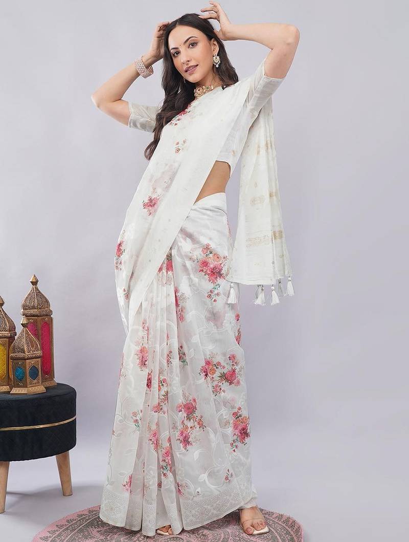 Off white silk blend printed saree with blouse