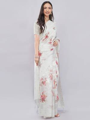 Off white silk blend printed saree with blouse 2