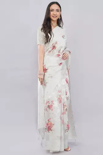 Off white silk blend printed saree with blouse