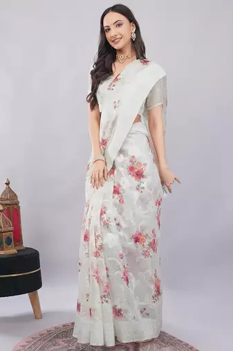 Off white silk blend printed saree with blouse