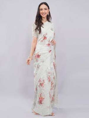 Off white silk blend printed saree with blouse 5