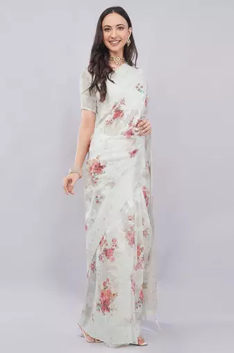 Off white silk blend printed saree with blouse