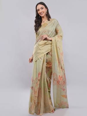 Lime polyester printed saree with blouse 1