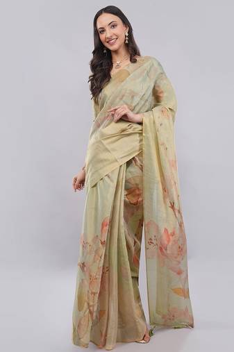 Lime polyester printed saree with blouse