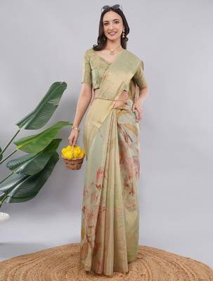 Lime polyester printed saree with blouse 2