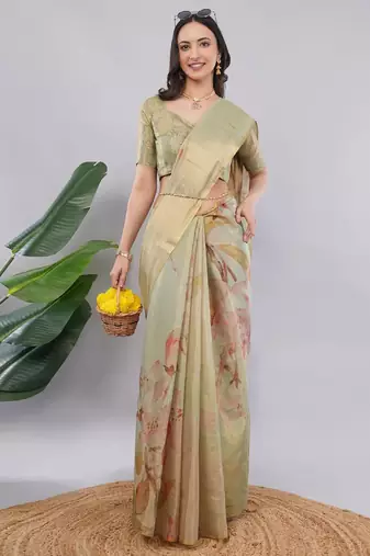 Lime polyester printed saree with blouse