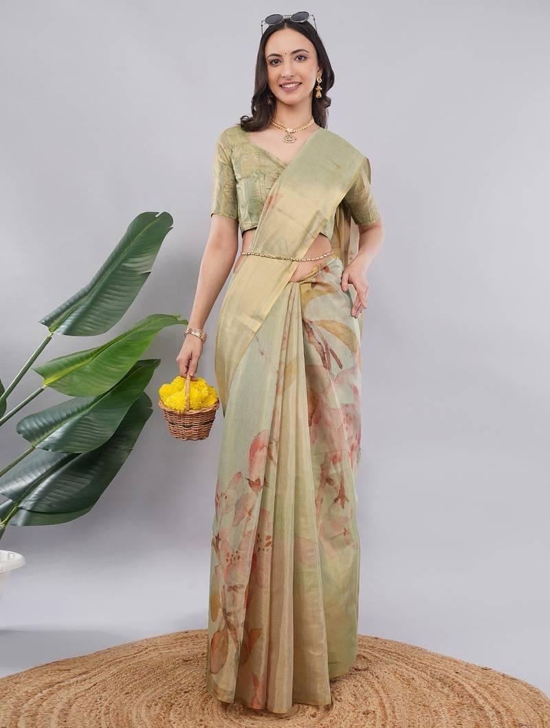 Lime polyester printed saree with blouse