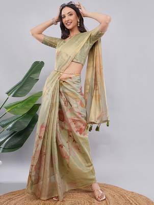 Lime polyester printed saree with blouse 3