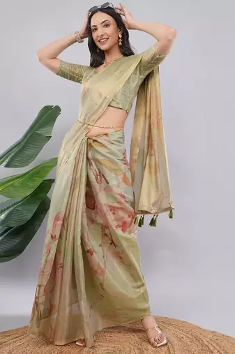 Lime polyester printed saree with blouse