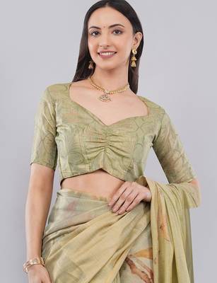 Lime polyester printed saree with blouse 4