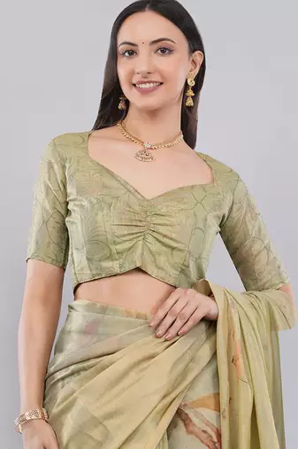 Lime polyester printed saree with blouse