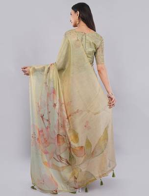 Lime polyester printed saree with blouse 5