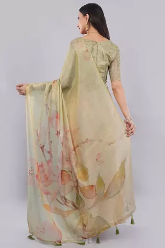 Lime polyester printed saree with blouse