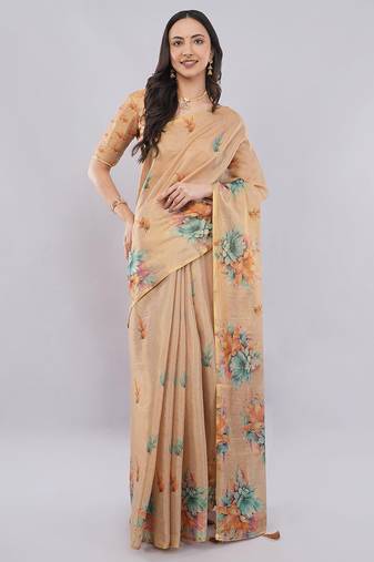Peach polyester printed saree with blouse