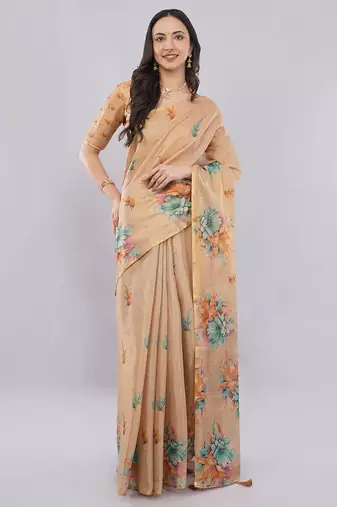Peach polyester printed saree with blouse