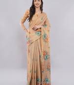 Peach polyester printed saree with blouse