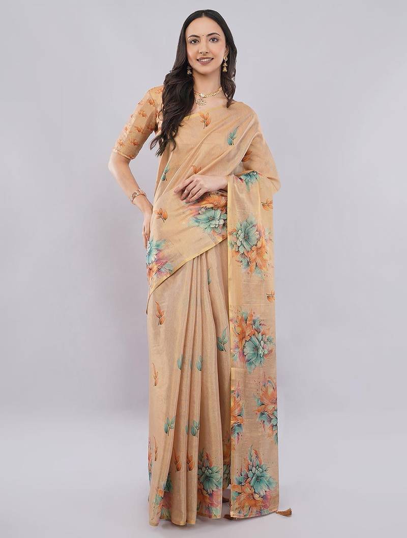 Peach polyester printed saree with blouse