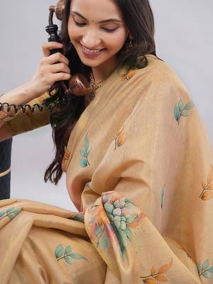 Peach polyester printed saree with blouse 2