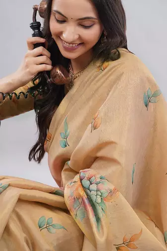 Peach polyester printed saree with blouse