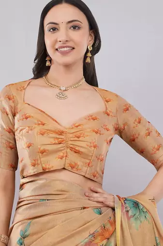 Peach polyester printed saree with blouse