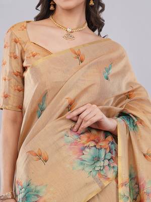 Peach polyester printed saree with blouse 4
