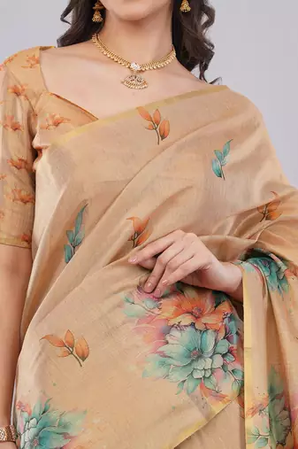 Peach polyester printed saree with blouse