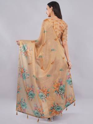 Peach polyester printed saree with blouse 5