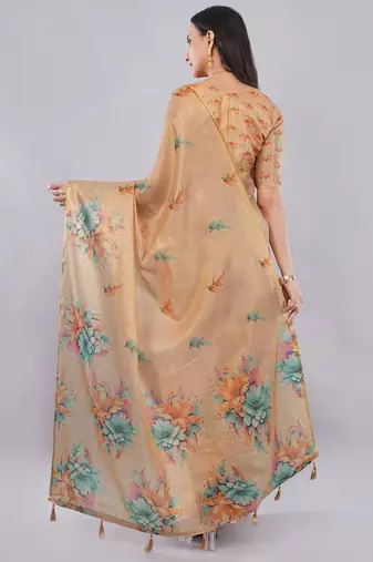 Peach polyester printed saree with blouse