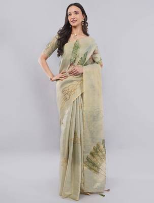 Lime polyester printed saree with blouse 1