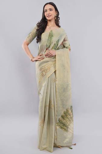 Lime polyester printed saree with blouse