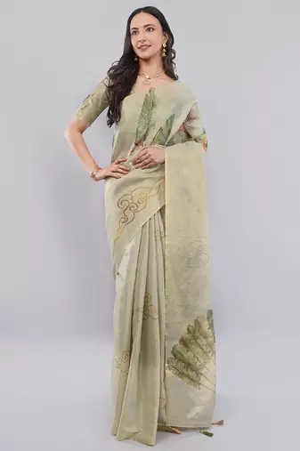 Lime polyester printed saree with blouse