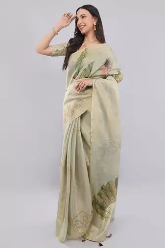 Lime polyester printed saree with blouse