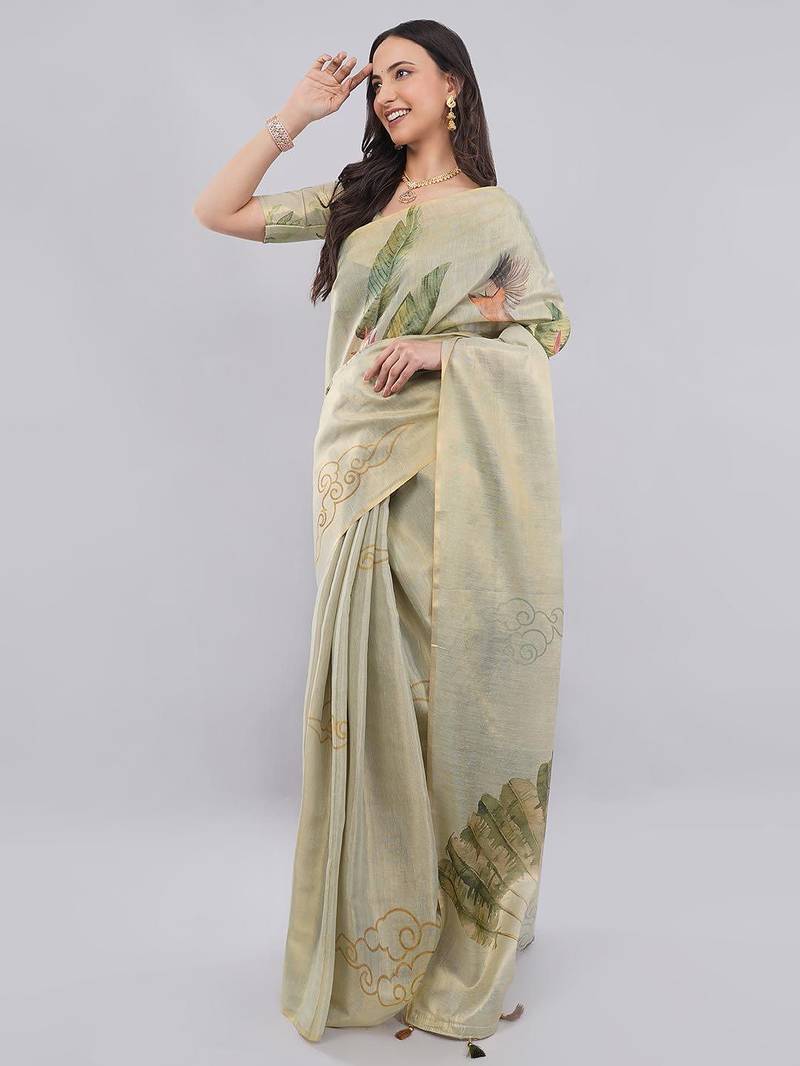 Lime polyester printed saree with blouse